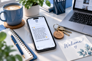 short term rental message templates on a phone with house keys.