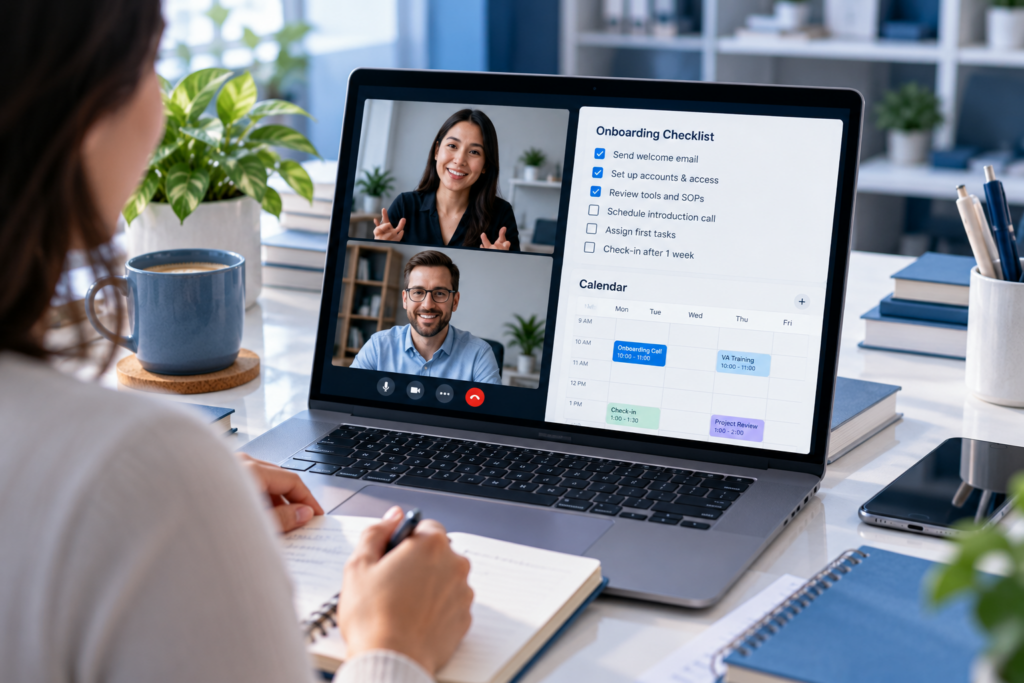 VA onboarding plan checklist on video call